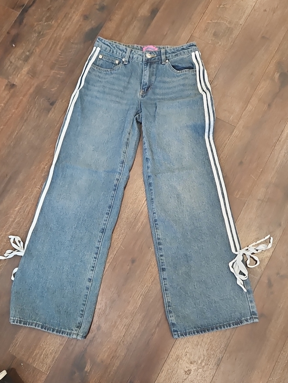 Edikted Mattie Side Stripe Bow Wide Jeans Womens XS Blue Denim Cotton Low Rise